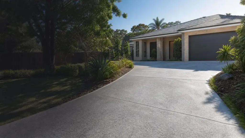 A renewed concrete driveway leading to a Brisbane home