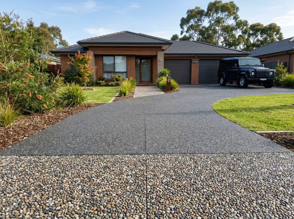 Finished exposed aggregate driveway leading to a home