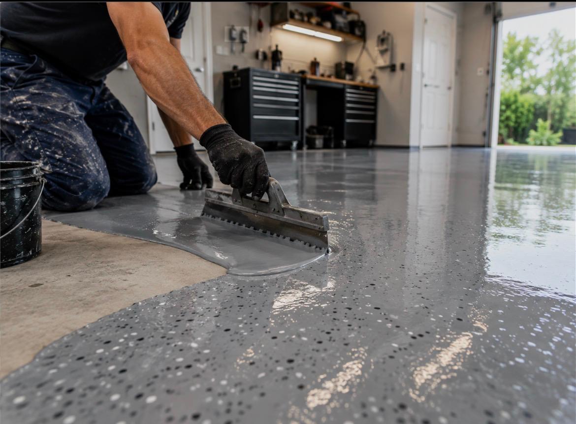 An epoxy coating being applied to a prepared concrete floor