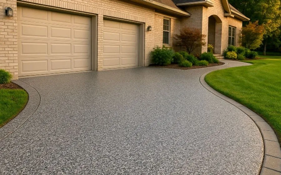 Resurfaced concrete driveway with a textured grey finish